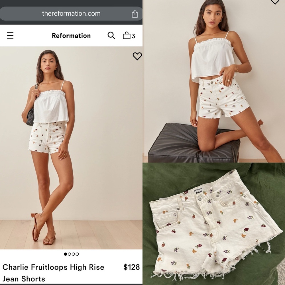 Reformation Charlie High Rise Jean Shorts in cream denim Fruitloops